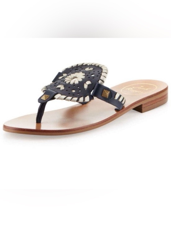 Jack Rogers Shoes - Jack Rogers Navy and Cream Leather Woven Medallion Sandals